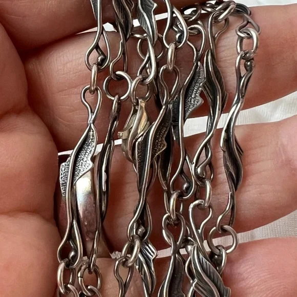 ANTIQUE VINTAGE LONG 925 STERLING SILVER NECKLACE CHAIN LEAVES DESIGN ORNATE